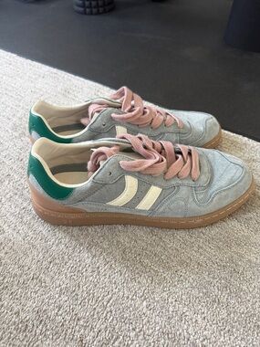 Coolway Suede Sneakers in Light Blue, Pink Laces, Green Heel
